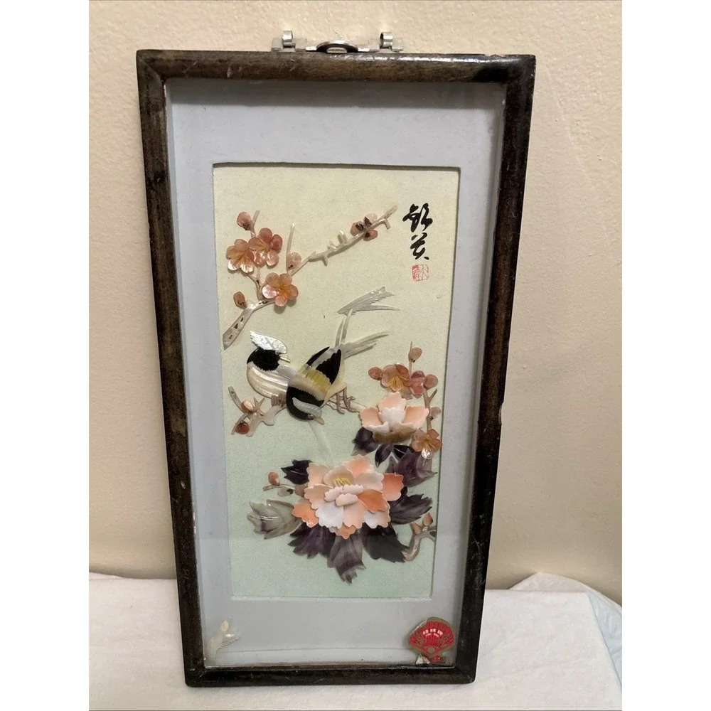 Vintage Chinese Shell Art Birds Flowers Diorama Shadow Box Pearl Brand